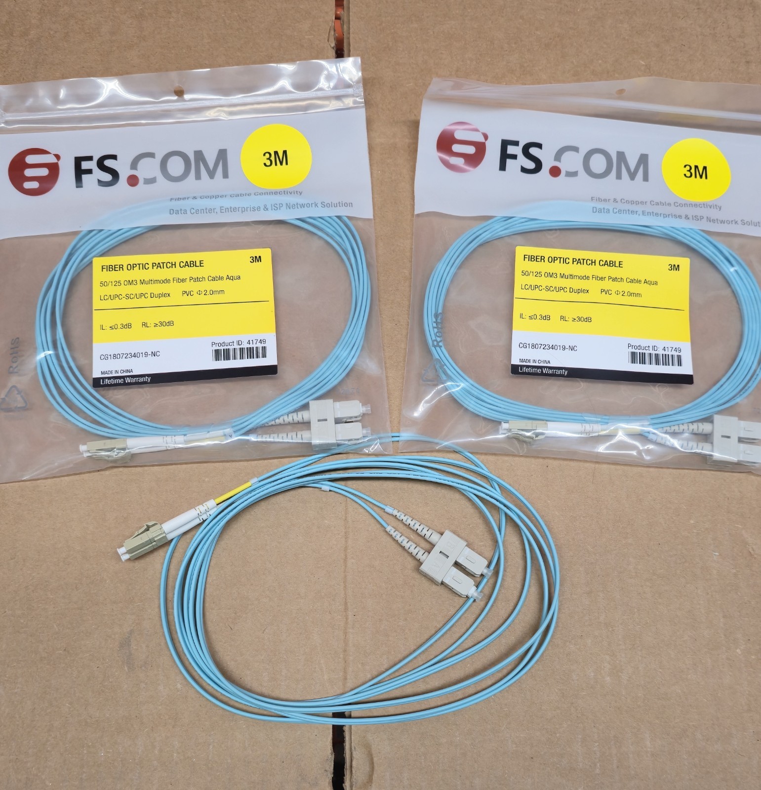Lot of 3 FS.COM Fiber Optic Patch Cable OM3 Multimode LC/UPC-SC/UPC Duplex 3M