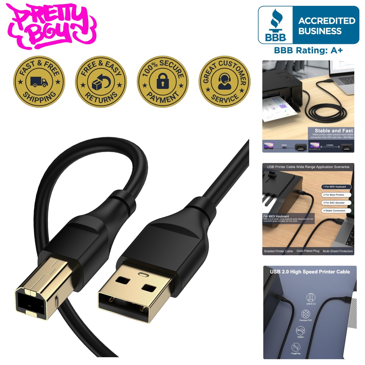 Versatile 20ft USB A Male to B Male Cable - Ideal for Printers, Scanners & More