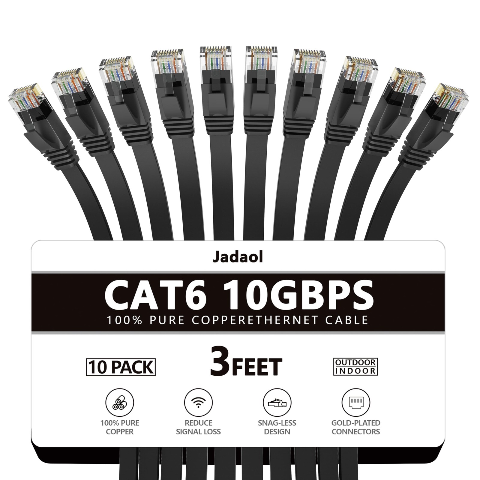 10 PCS 3 FT Black Cat 6 Flat Ethernet Cable Snagless RJ45 Network LAN Cord