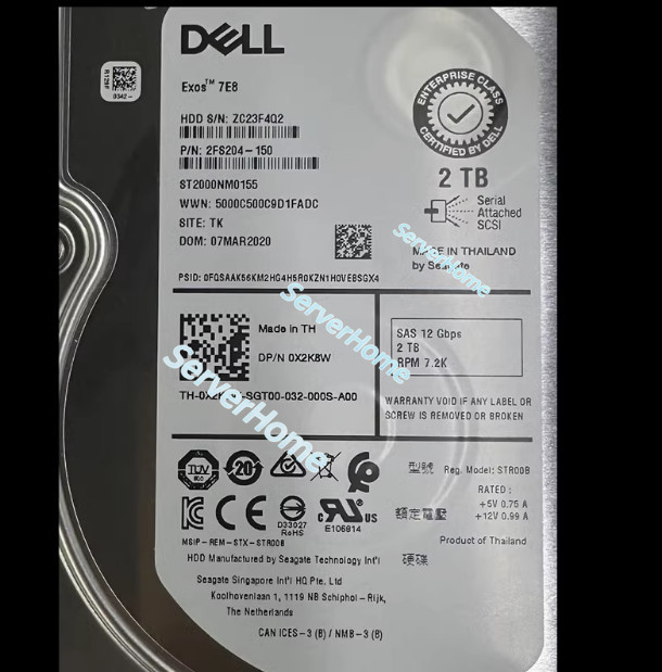 DELL ST2000NM0155 0X2K8W X2K8W 2TB 3.5" SAS 7.2K 12Gb/s Hdd no tray--/