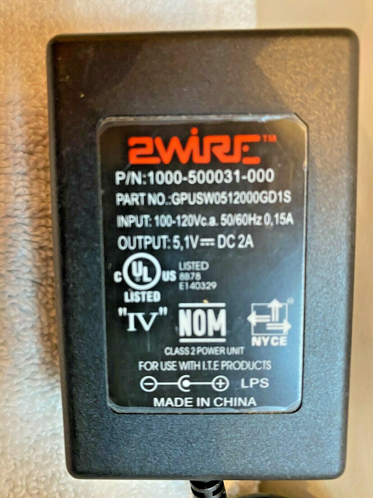 2Wire GPUSW0512000GD1S AC Power Supply Adapter Charger Cord Output 5.1 V DC 2 A