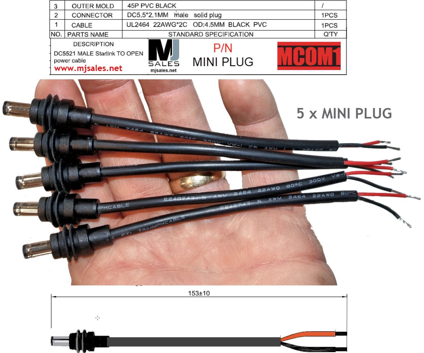 Starlink Mini 6" Power Cable Qty: 5 pieces DC5521 5.5x2.1mm