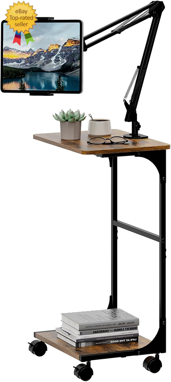 Floor Kindle Tablet Ipad Stand with C-Shaped Side Table, Angle Height Adjustable