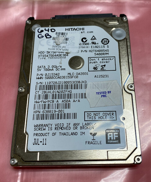 Hitachi 640GB SATA Laptop Hard Drive 5400RPM 2.5" HTS547564A9E384 - Tested