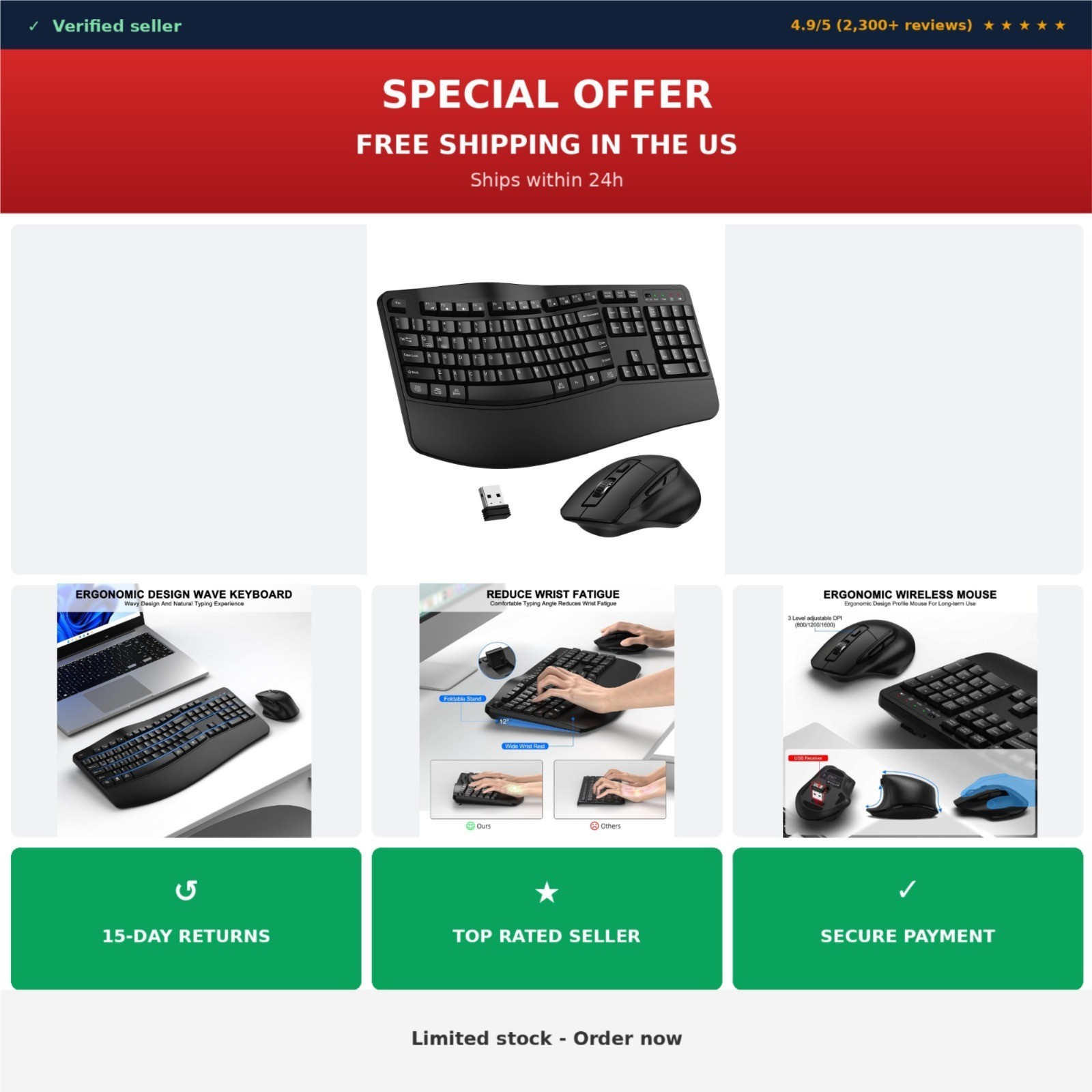 ULSOU Wireless Keyboard and Mouse Combo 2.4G Ergonomic Wave Keys with Wrist