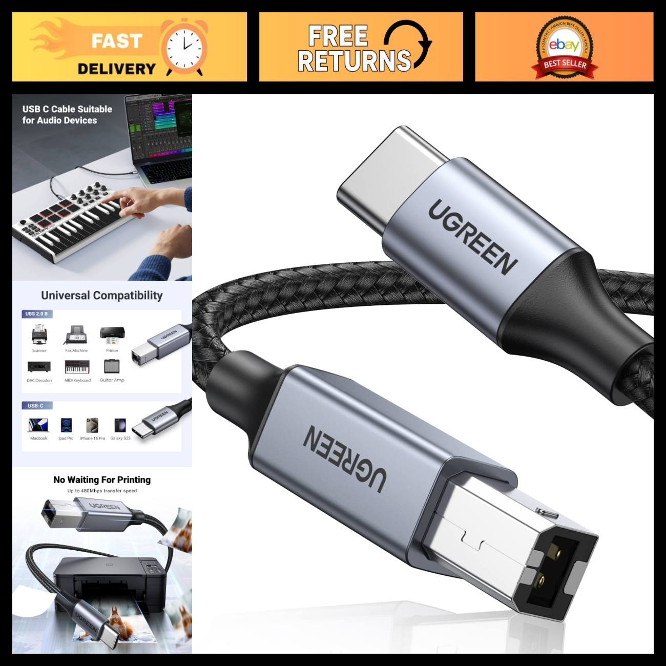 USB-B to USB-C Cable 16FT, Nylon Braided, Ideal for Printers & MIDI Devices