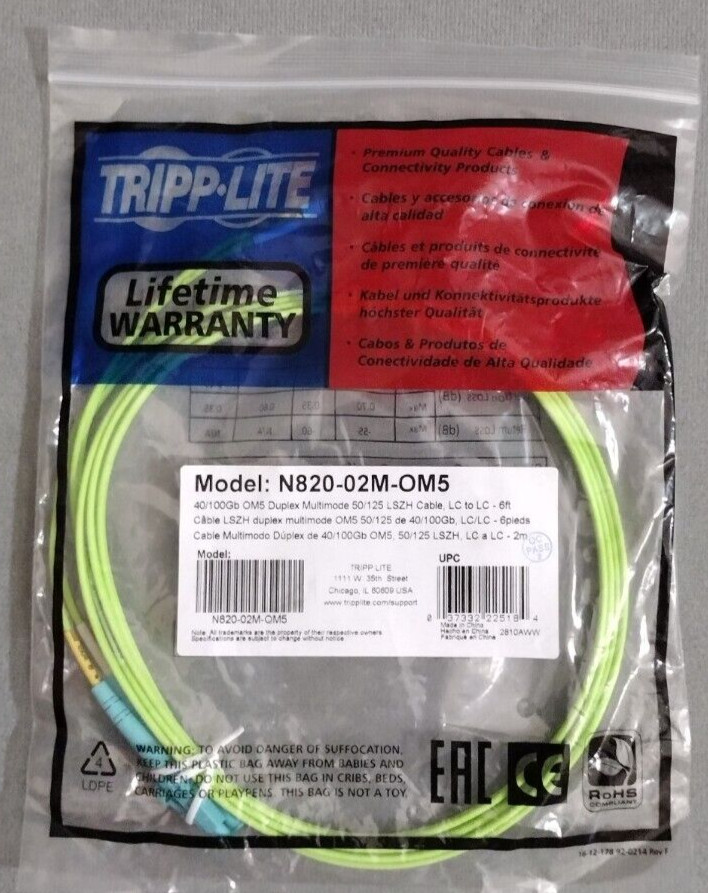 Tripp Lite N820-02M-OM5 DUPLEX MULTIMODE FIBER PATCH CABLE OM5 LC LC 50/125 100G