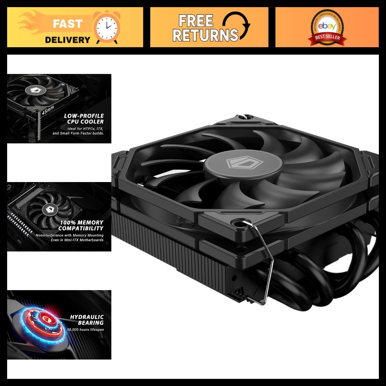 Low Profile CPU Cooler 45mm, 4 Heatpipes, Slim Fan, Quiet Cooling Solution
