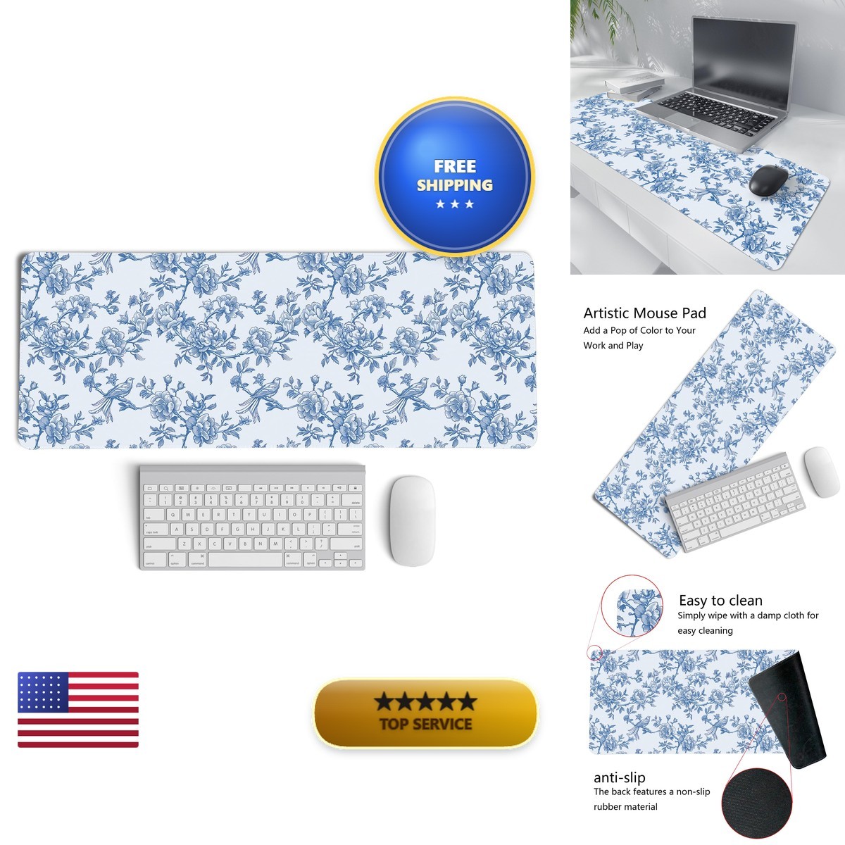 PaJiaNi Light Blue Chinoiserie Mouse Pad XL 31.5x11.8 Inch