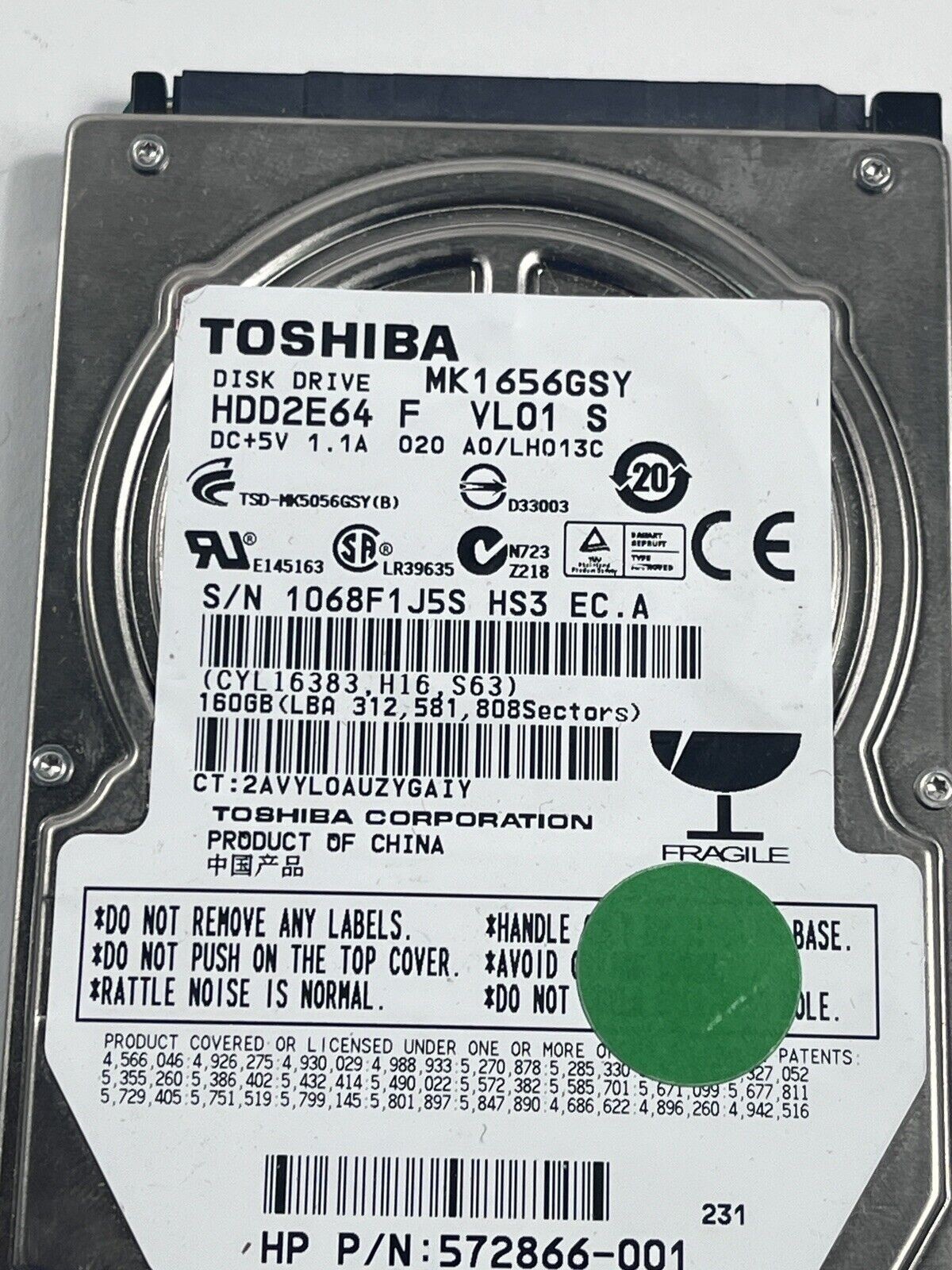 Toshiba MK1656GSY 160GB Internal 7200RPM 2.5" (HDD2E64) HDD