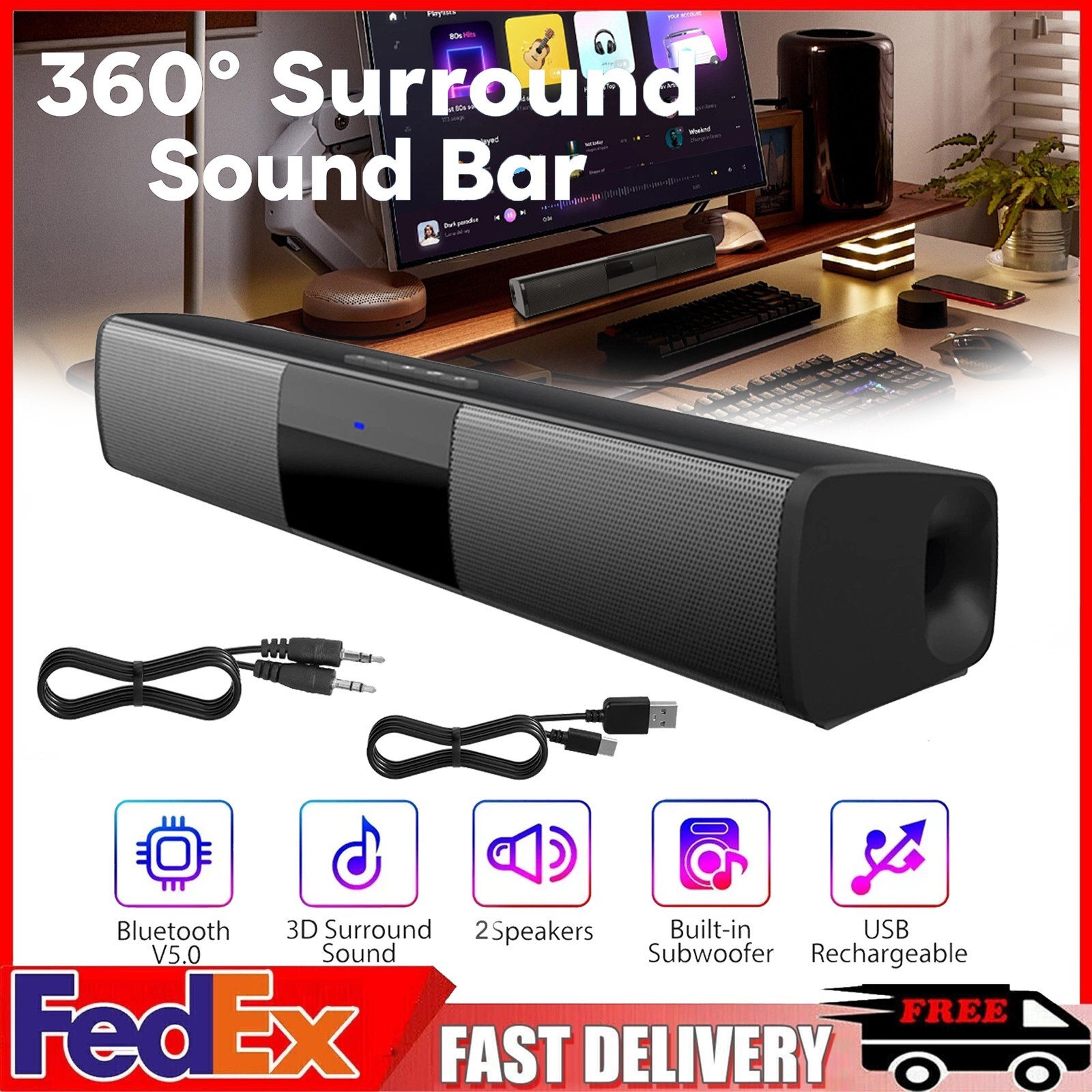 10W Stereo Bluetooth Sound Bar,Home Theater IP4 Waterproof Speaker TWS FM USB TF