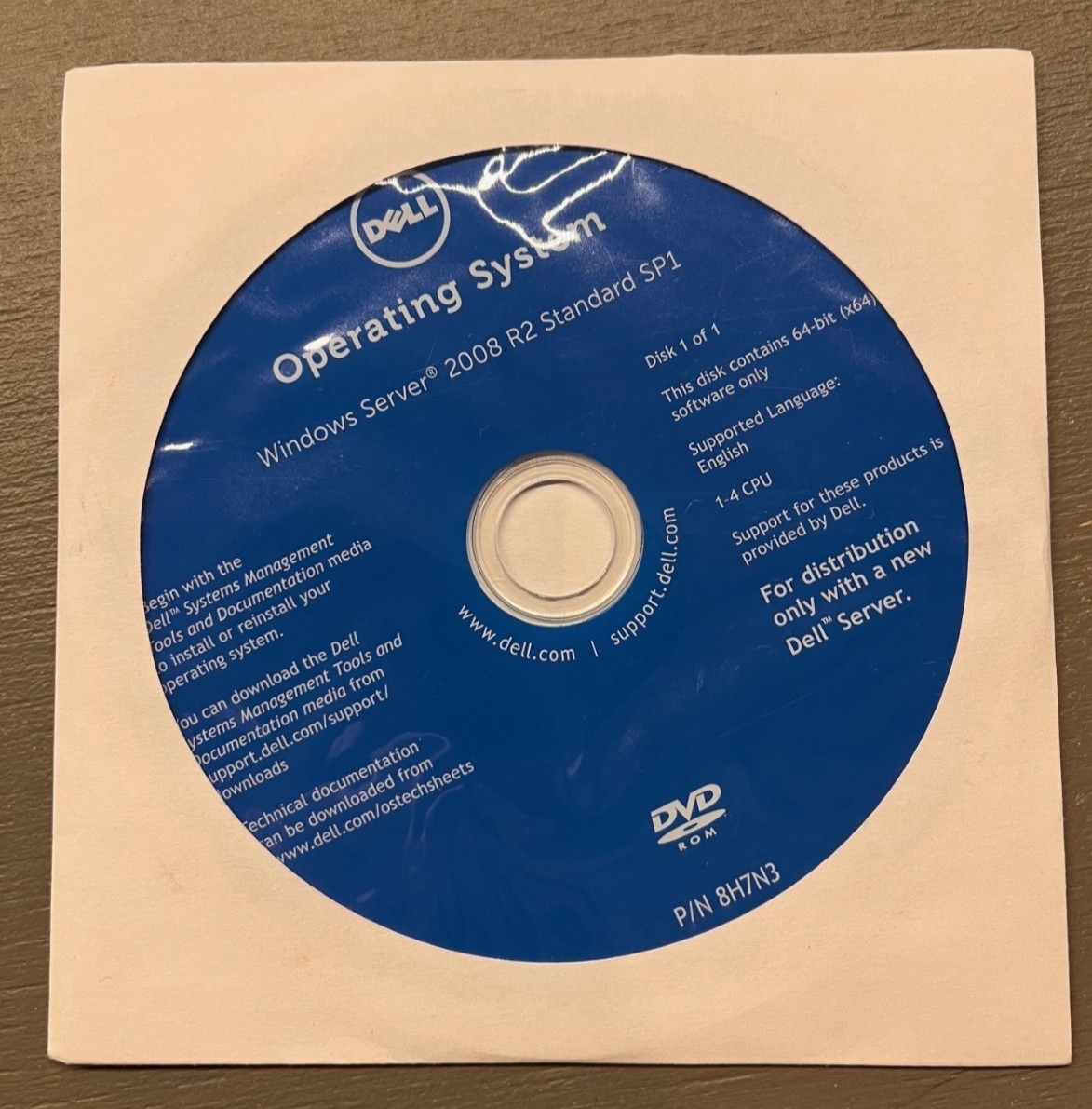 Dell Microsoft Windows Server 2008 R2 Std SP1 Install DVD 8H7N3 (no key) SEALED