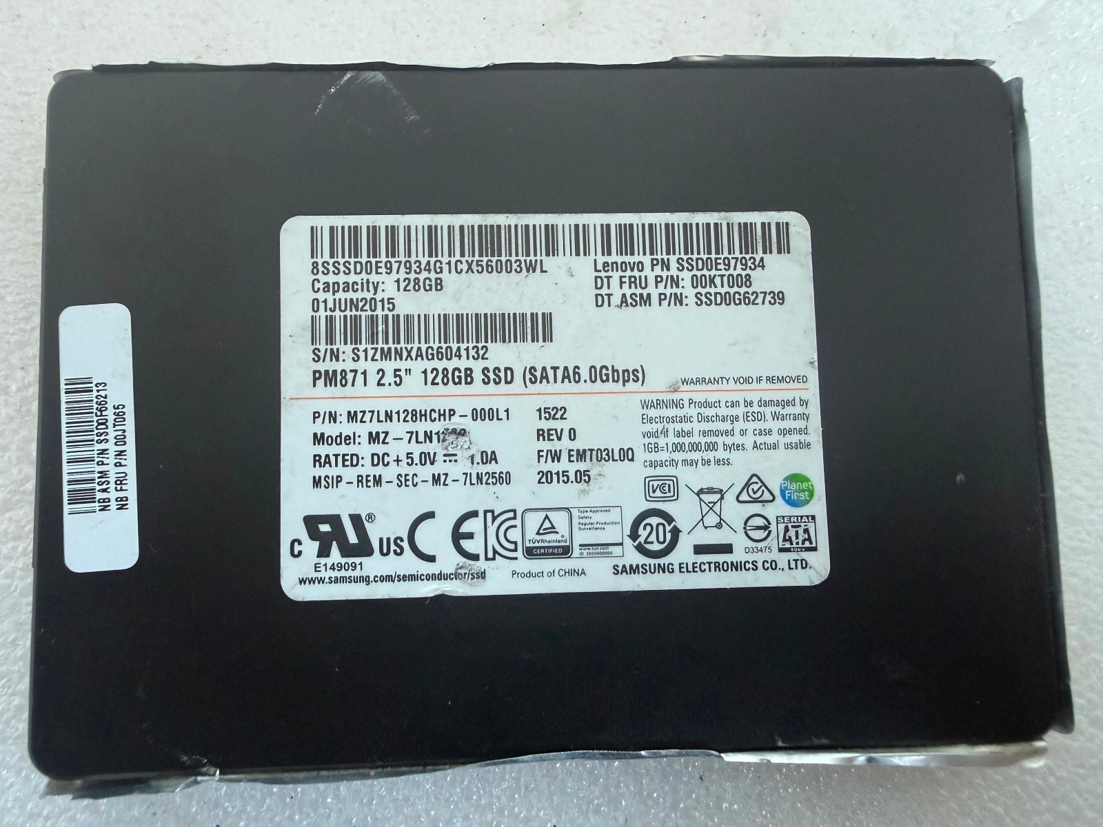 Samsung PM871 128GB 2.5" SATA SSD MZ-7LN128 Lenovo FRU 00KT008 00JT065