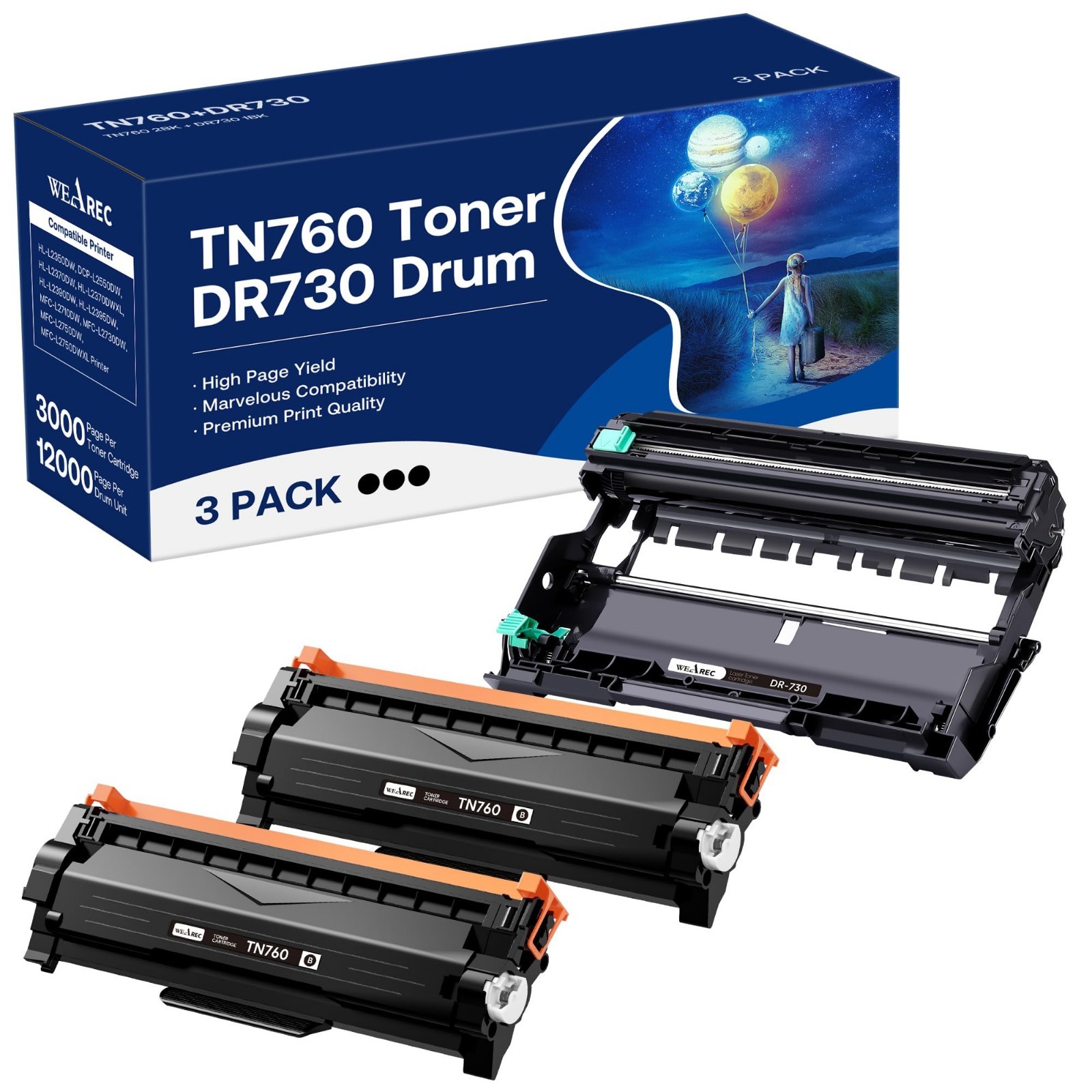 WEAREC TN760 Toner Cartridge and DR730 Drum Unit Replacement for Brother TN-760