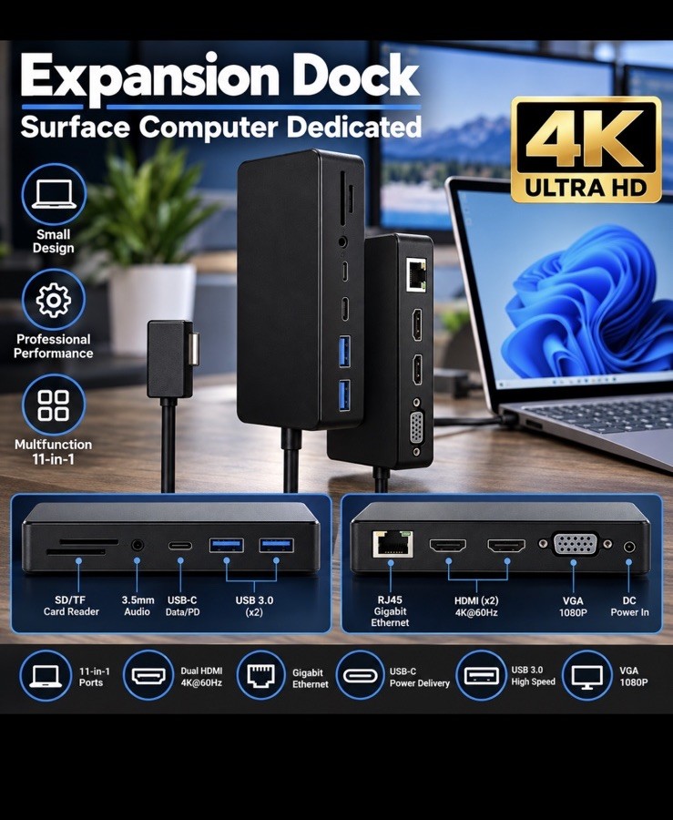 Expansion Dock Surface Computer Dedicated Docking Station 11-in-1 Dual HDMI 4K