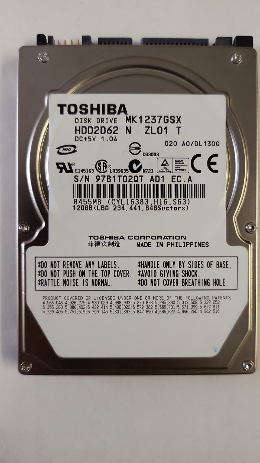 Toshiba MK1237GSX 120 GB,Internal,5400 RPM,2.5" (HDD2D62 ) Hard Drive TESTED USA