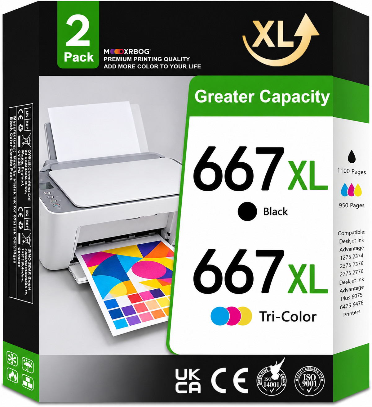 667XL Black/Color Ink 2-Pack for HP DeskJet 2374 2776 6075 6475 667XL Hi Yield
