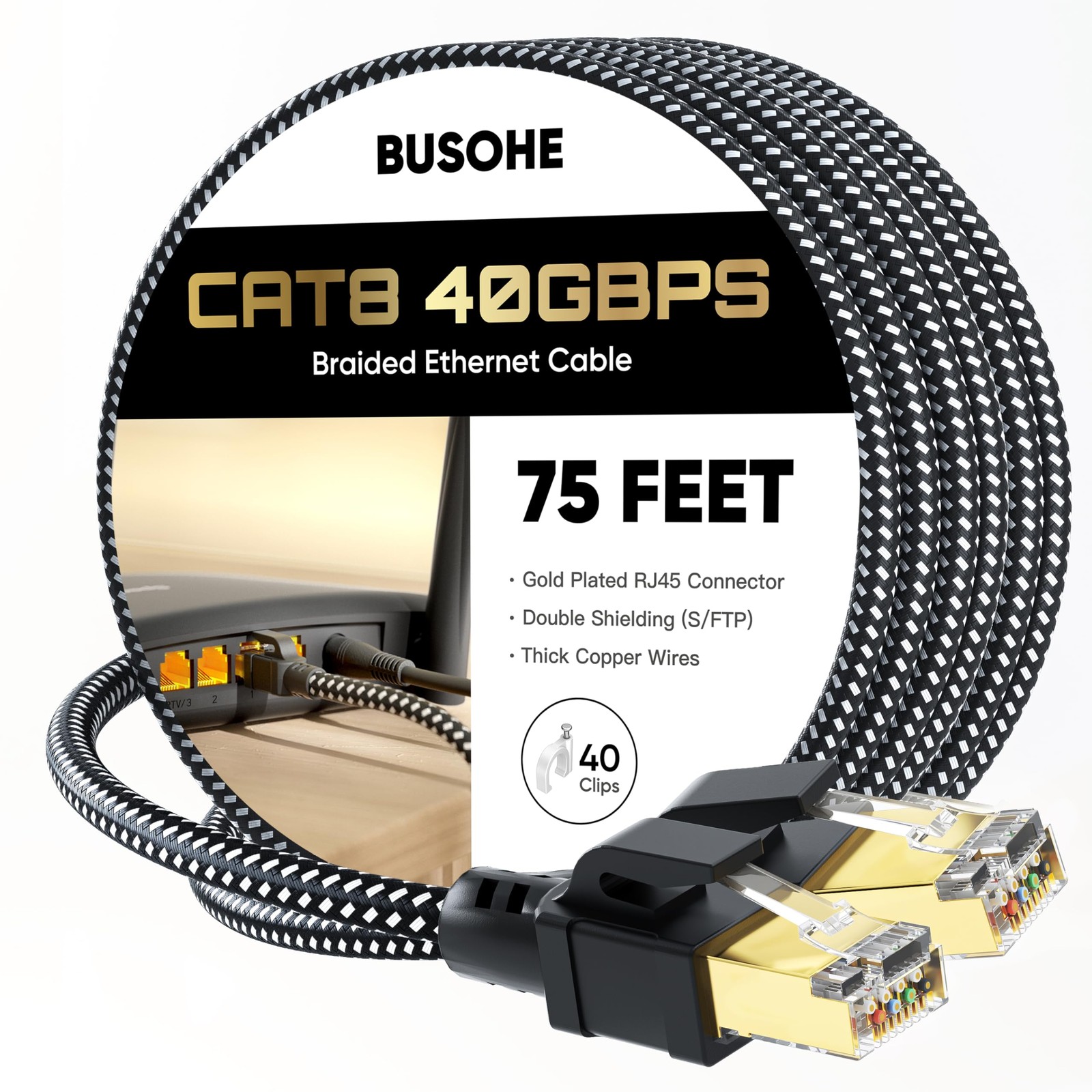 Cat 8 Ethernet Cable 75 FT High Speed 40Gbps 2000Mhz Braided S/FTP Clips