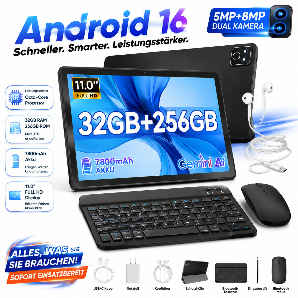 2026 Newest 11 inch Tablet Android 16 Tablet 32GB RAM+256GB ROM Octa-Core WiFi