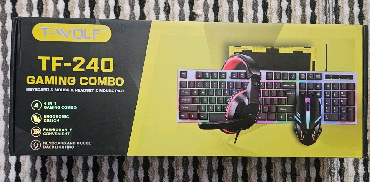 T-WOLF TF-240 4-in-1 Gaming Combo Keyboard Mouse Headset Pad RGB Backlit New