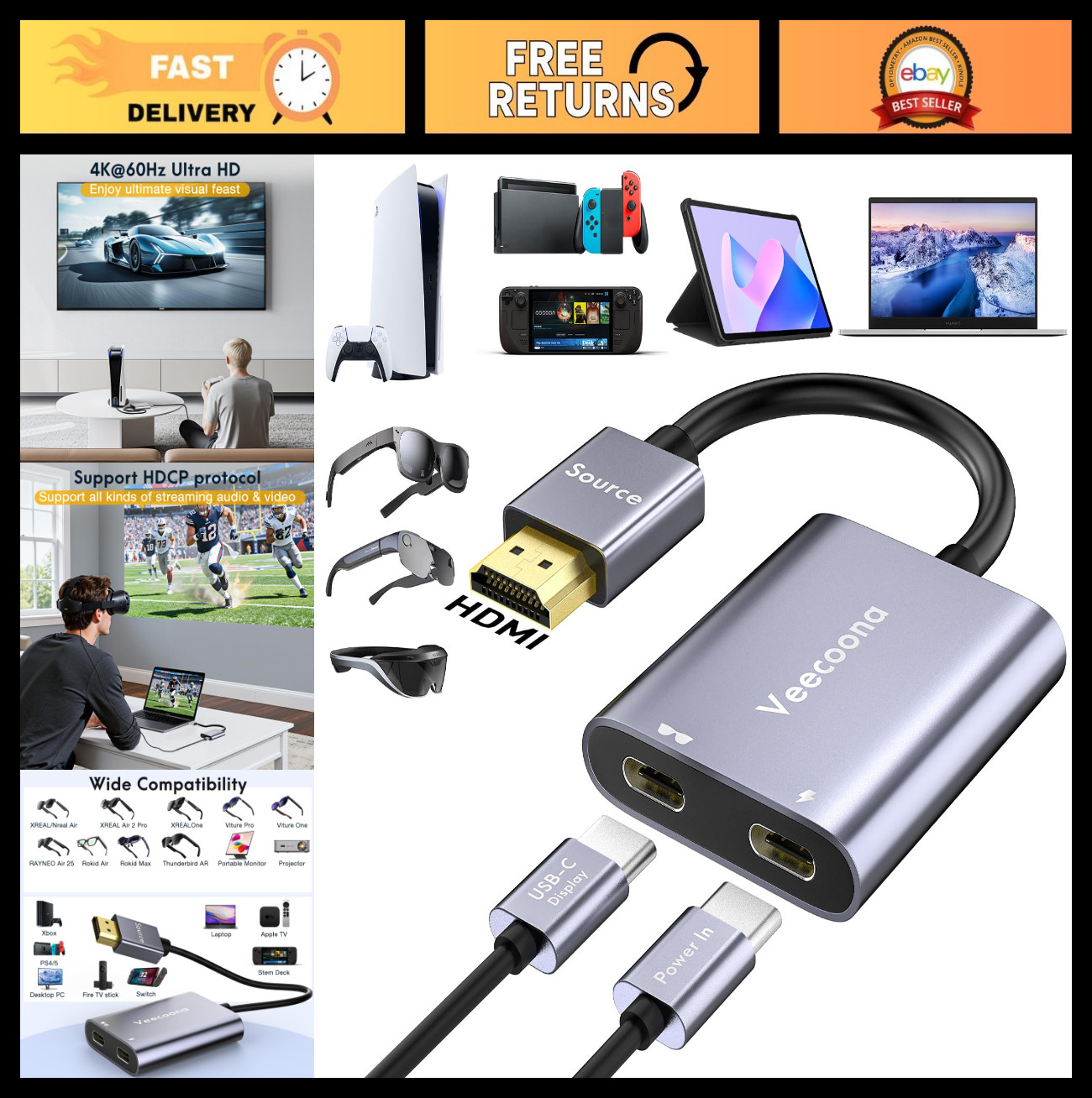 4K 60Hz HDMI to USB C Adapter for Portable Monitor, AR Glasses, Switch, PS4/5, X