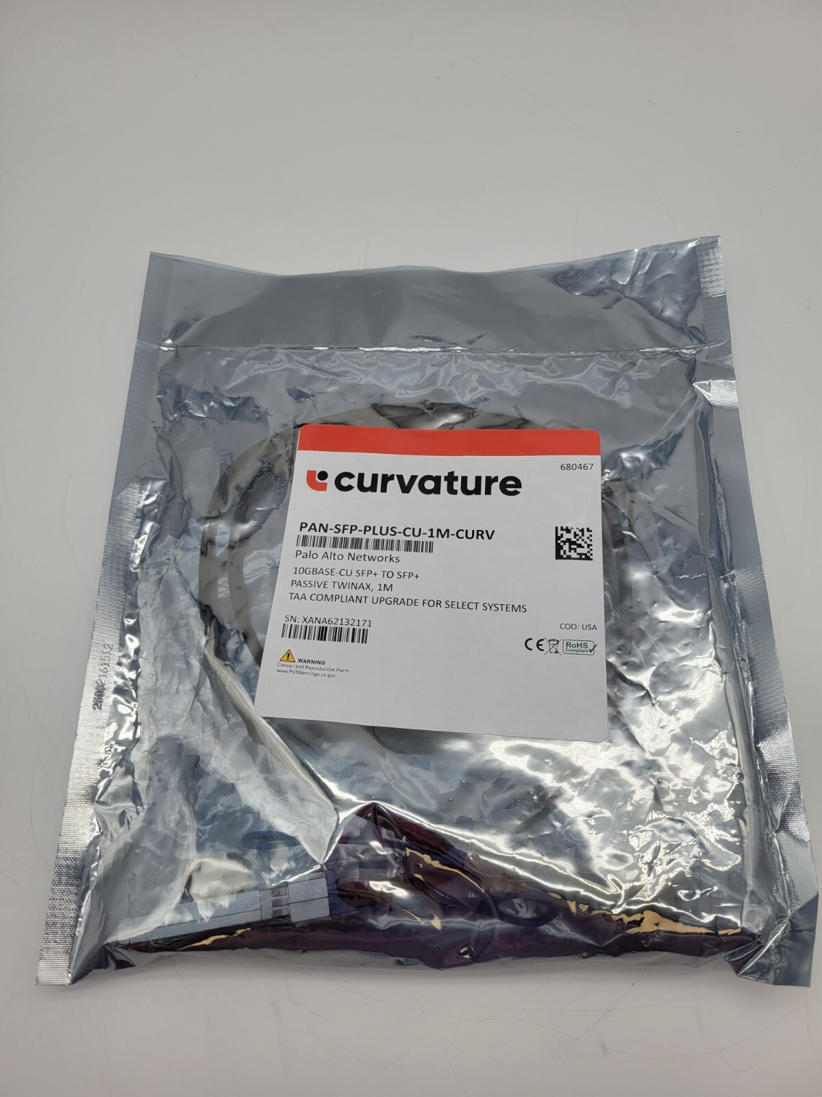 Curvature PAN-SFP-PLUS-CU-1M-CURV Passive Twinax  10GBASe-CU SFP+to SFP+ 1 meter