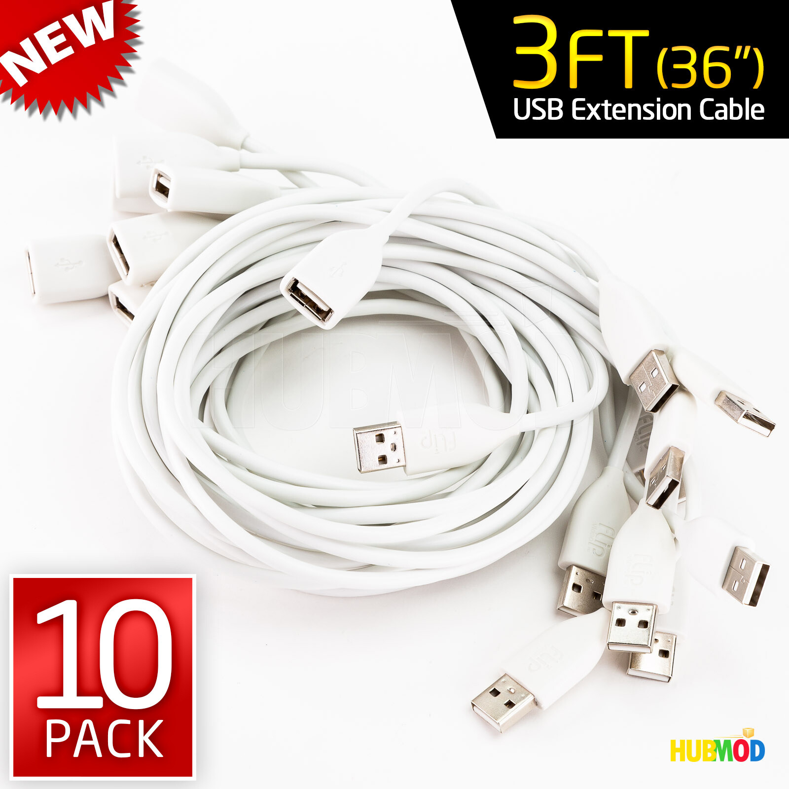 Lot of 10 Flip USB Cable Cord 3' Ft (36") Extension A-Male to A-Female M-F White
