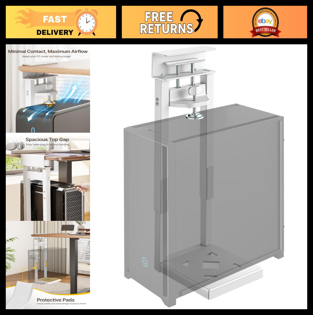 Heavy Duty No Drill Under Desk CPU Mount - Clamp-On Ventilated Holder for Home O