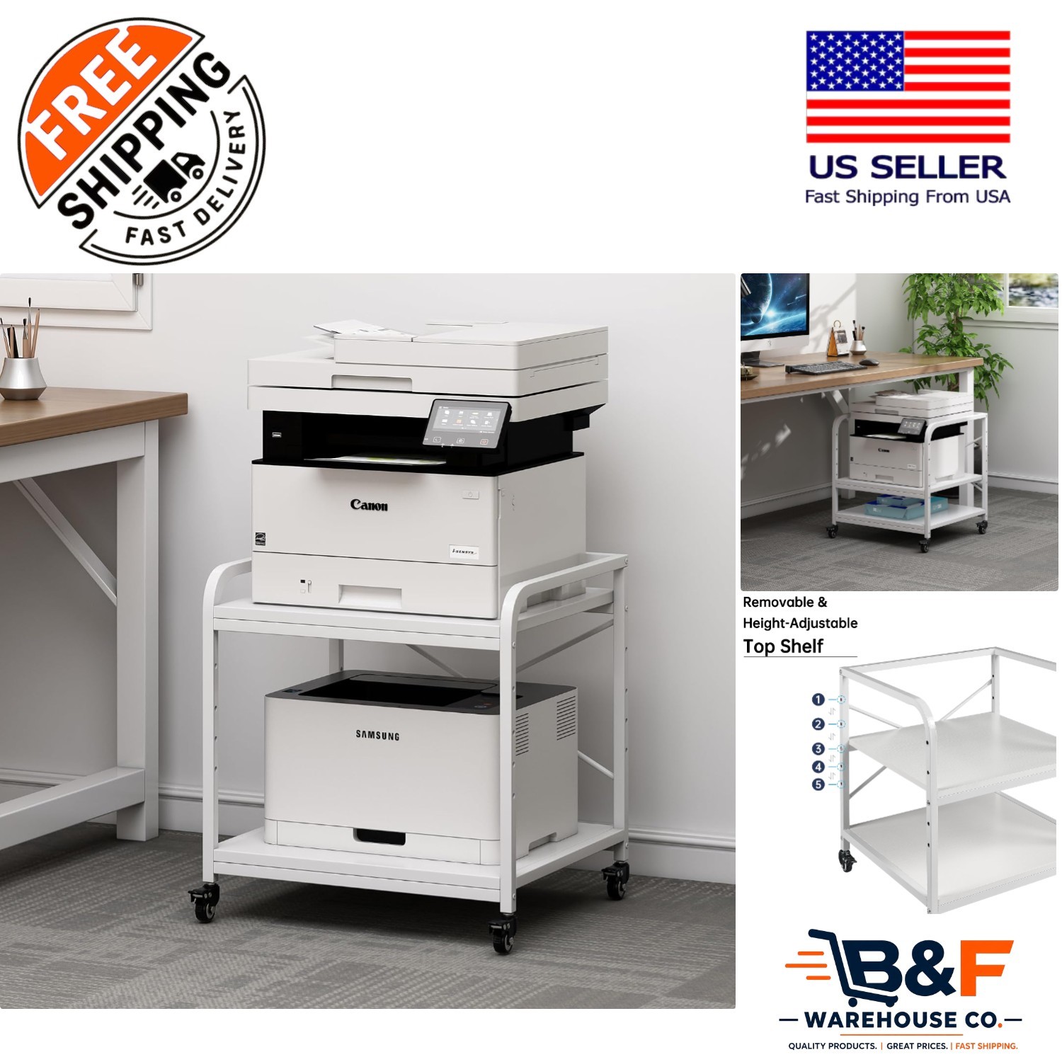 White Under Desk Printer Stand with Two-Tier Design and Height Adjustable Shelf