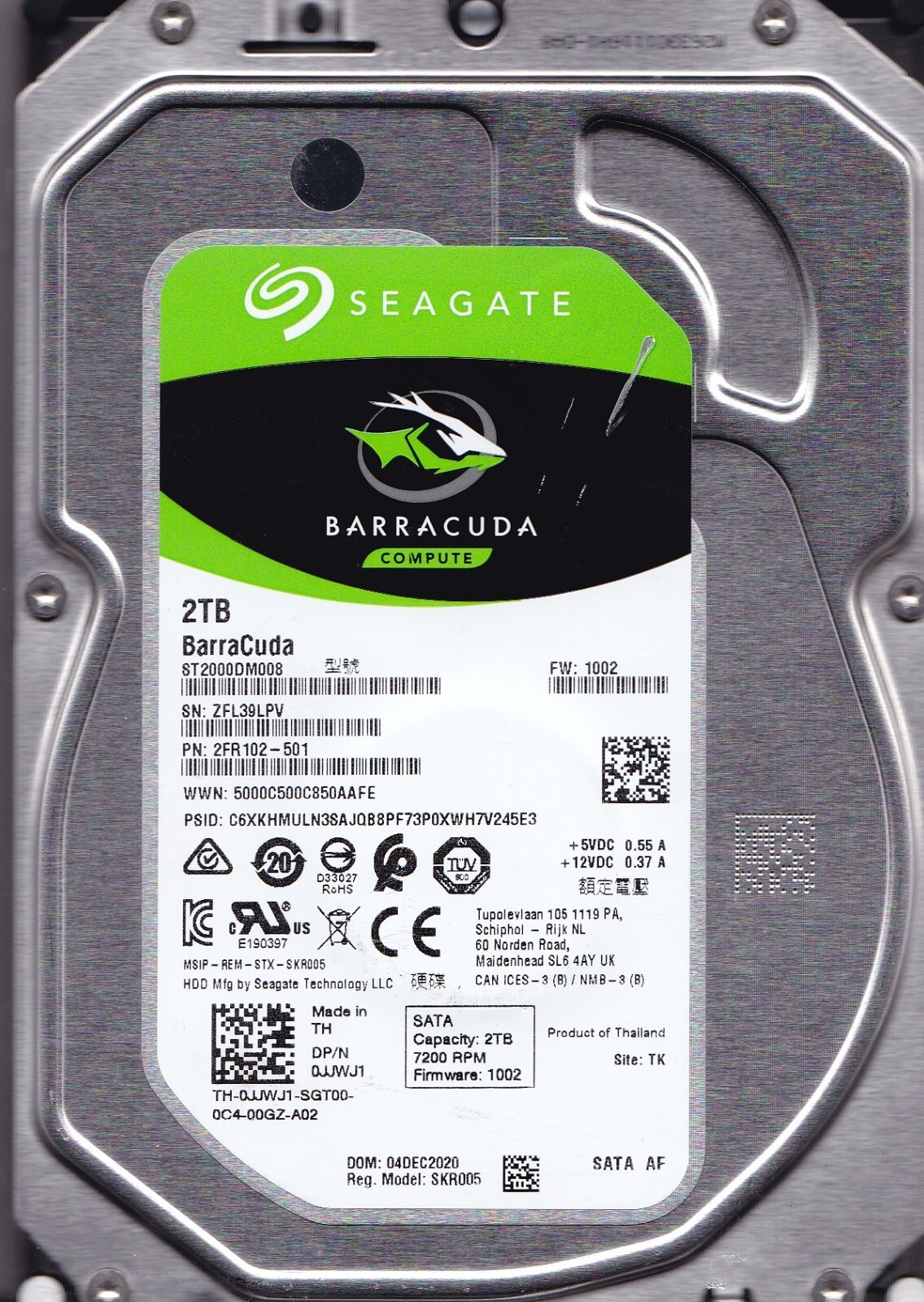 Seagate ST2000DM008 pn: 2FR102-501 sn: ZFL fw: 1002 TK  2020 2TB SATA 3.5" 6906