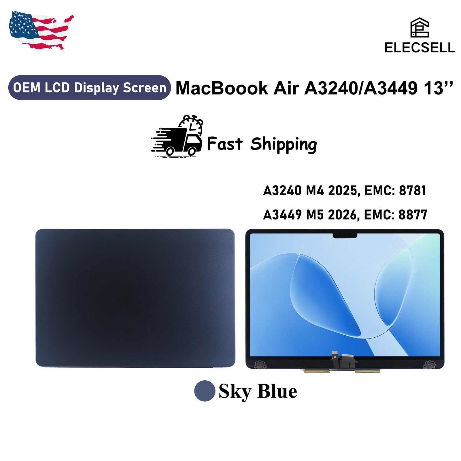 OEM LCD Display Screen For Apple MacBook Air A3240 M4/A3449 M5 13'' Sky Blue US