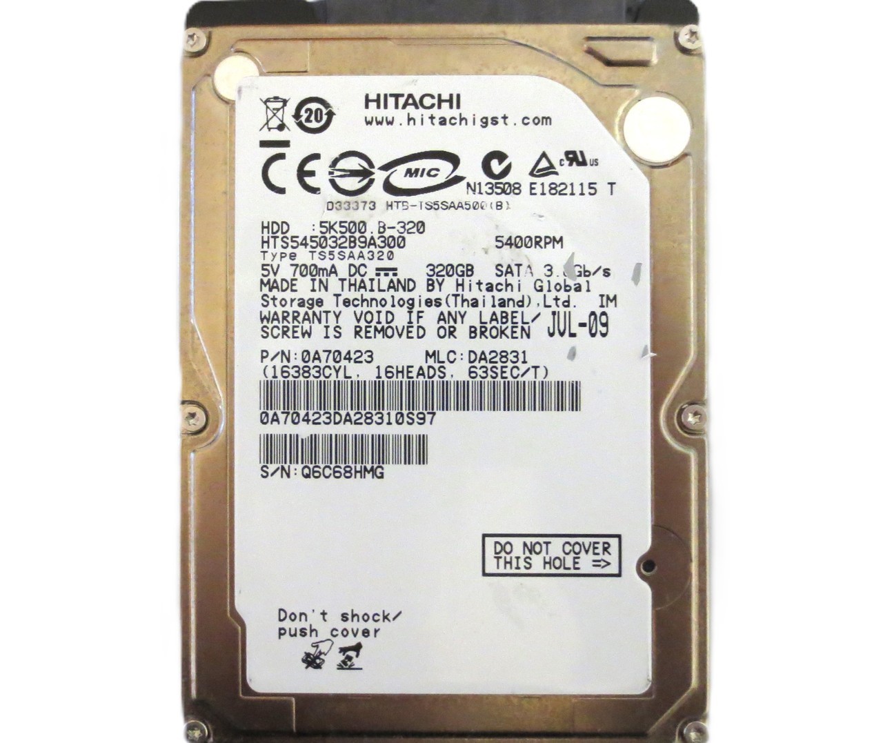 Hitachi HTS545032B9A300 PN: 0A70423 MLC:DA2831 Thailand 320gb 2.5" Sata HDD 2009