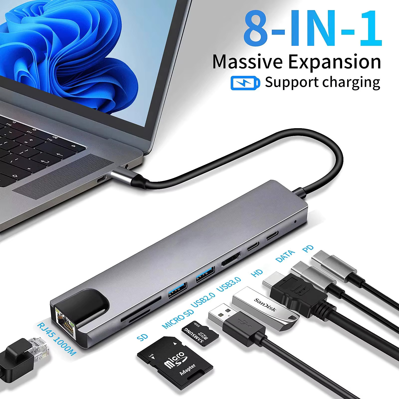 8 in 1 USB C Hub Type C to 4K HDTV Adapter with RJ45 SD/TF Card Reader