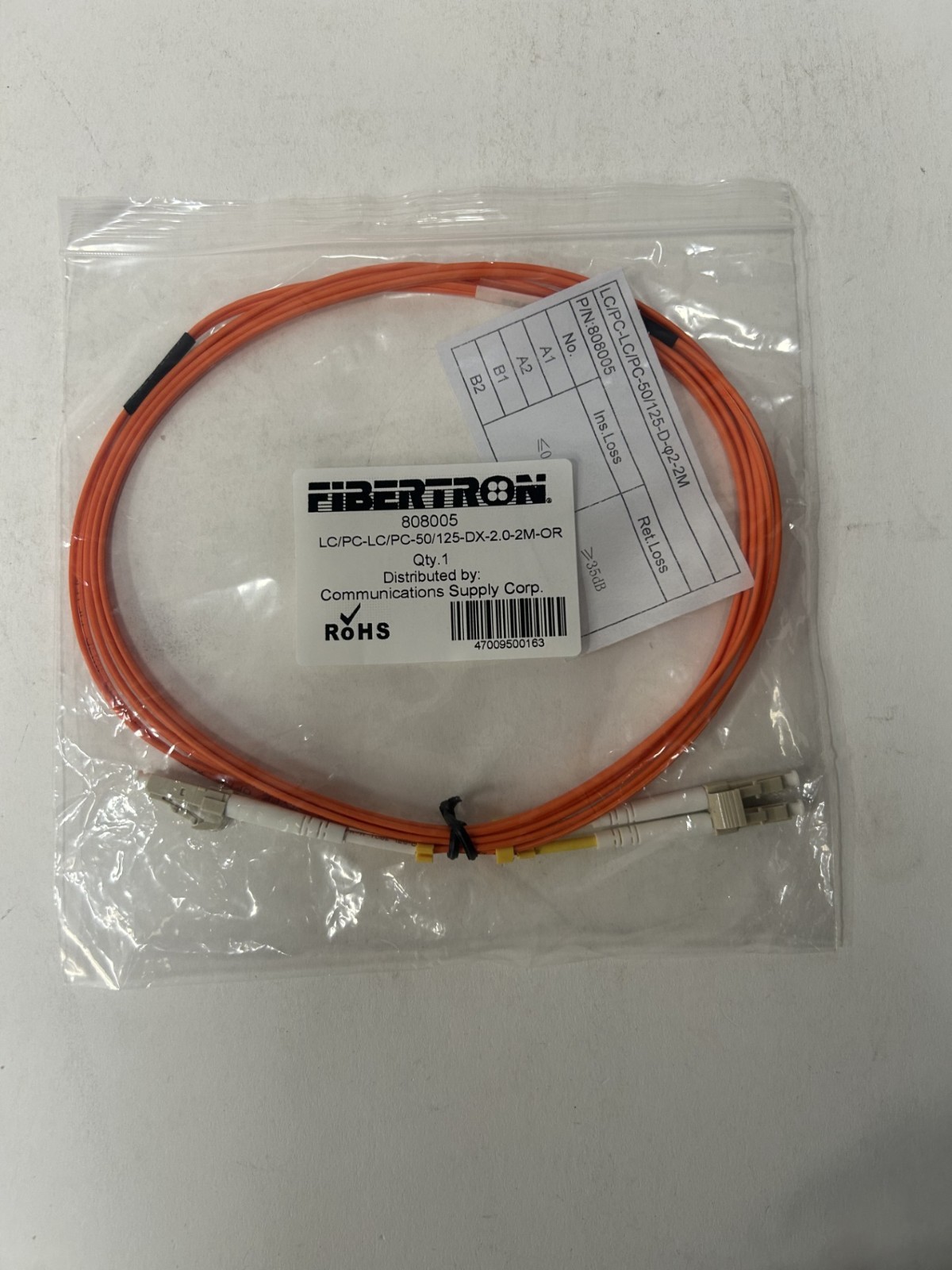 PACK of 8 Fibertron LC/PC-LC/PC-50/125-DX-2.0-2M-OR Plenum Optic Fiber Patch