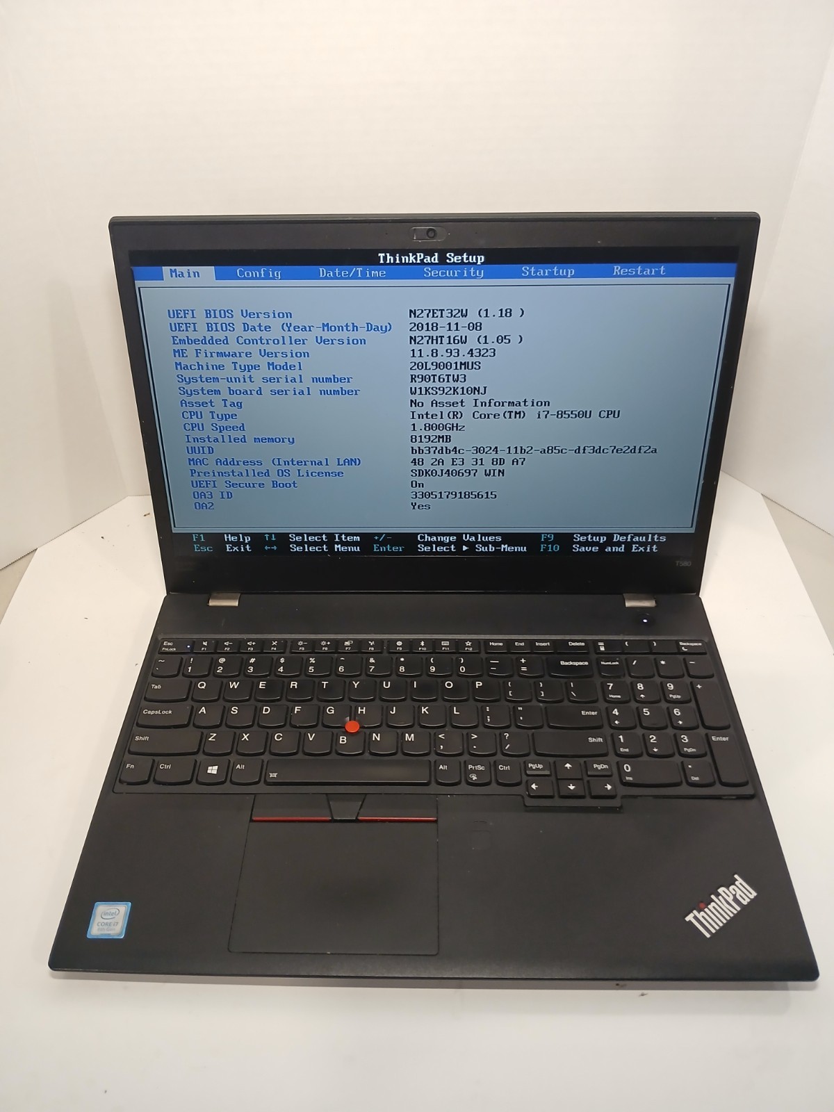 Lenovo ThinkPad T580 15.6" Laptop i7-8550U 1.8GHz 8GB NO OS/HDD #97