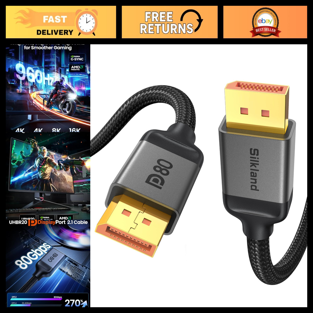 High-Speed 80Gbps DisplayPort 2.1 Cable 10FT/3M, HDR Gaming Cord for PC & Monito