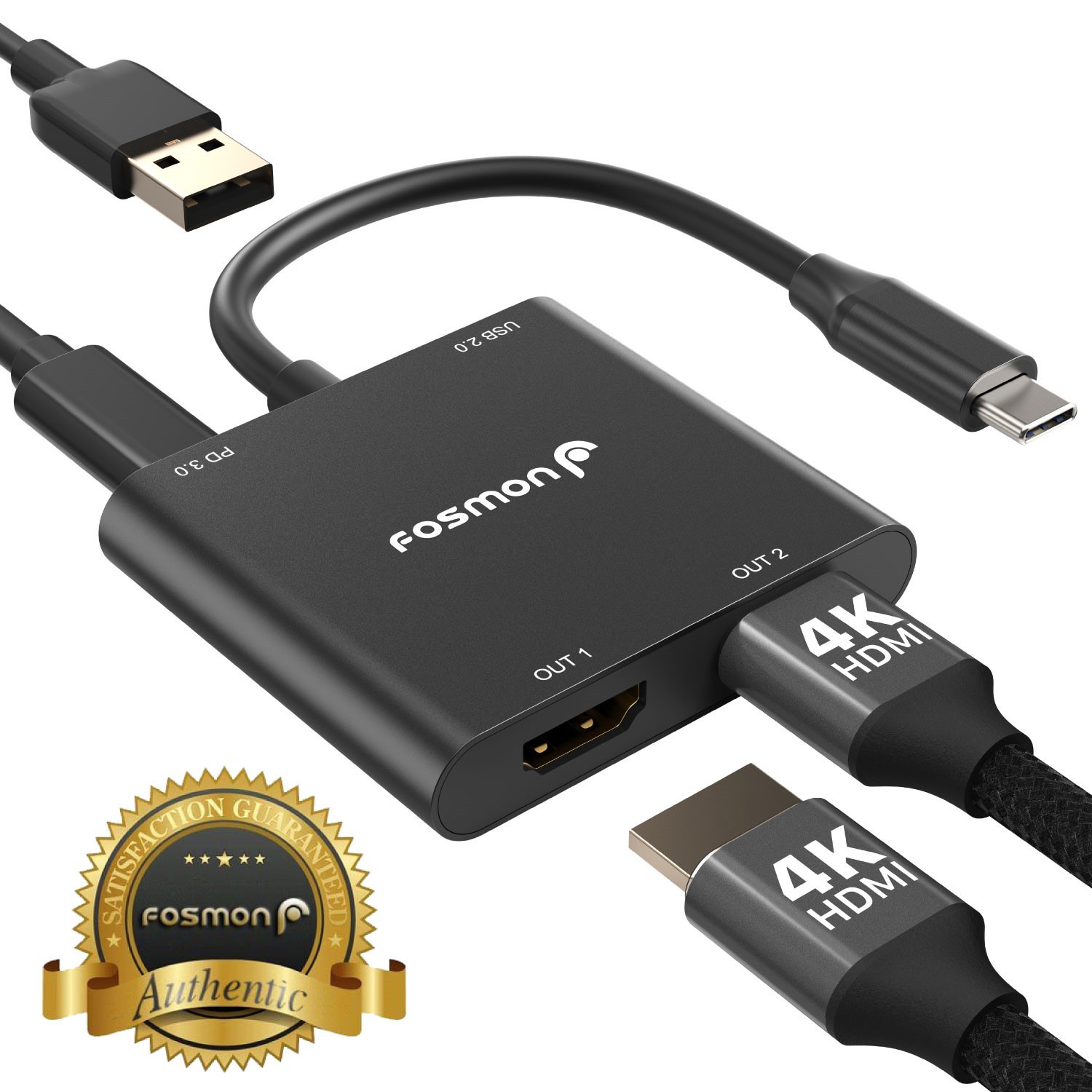 Fosmon USB C Hub, USB C to Dual HDMI Adapter 4k@30Hz, HDMI Splitter, PD 3.0