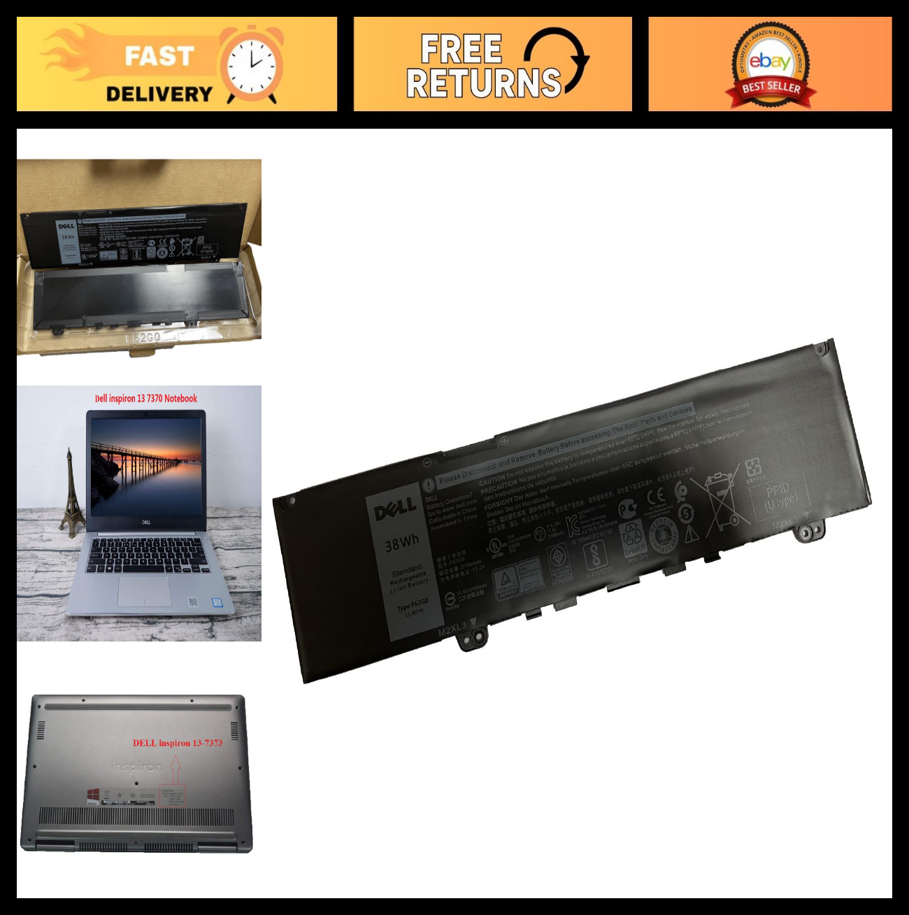 High-Capacity 11.4V 38Wh Laptop Battery for Inspiron 13 5370 7370 Vostro 13 Seri