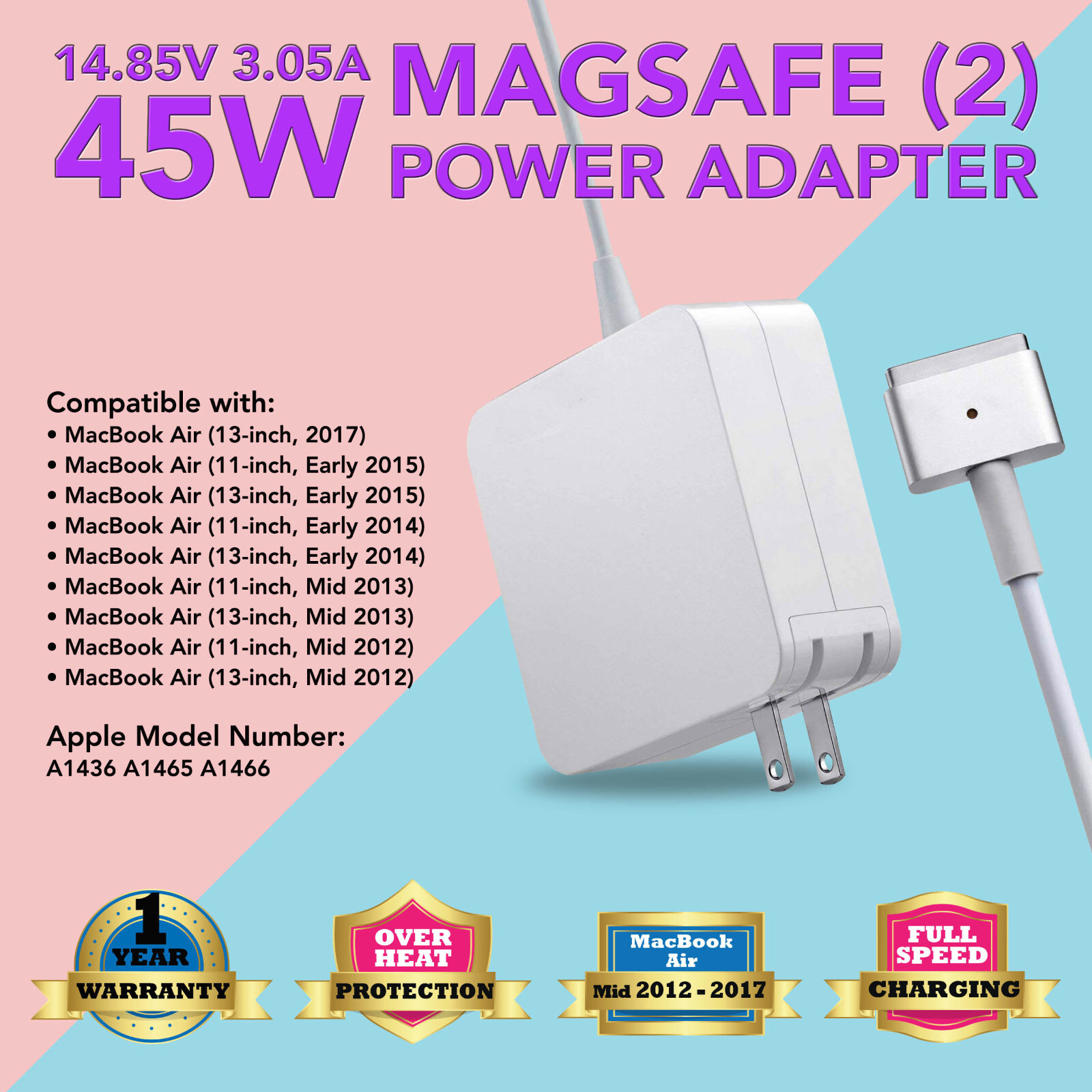 45W MagSafe 2 Power Adapter for Apple 13-inch MacBook air with Retina display