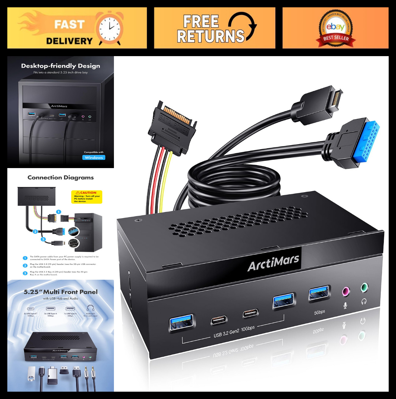 5.25" USB 3.2 Gen 2 Hub - 2x 10G USB-C, 2x 10G USB-A, Audio & Mic Jack, SD/ Micr