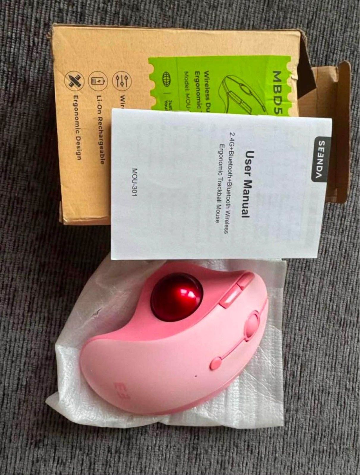 Seenda MBD5 Wireless Bluetooth Ergonomic Rechargeable Trackball Mouse Pink/Red