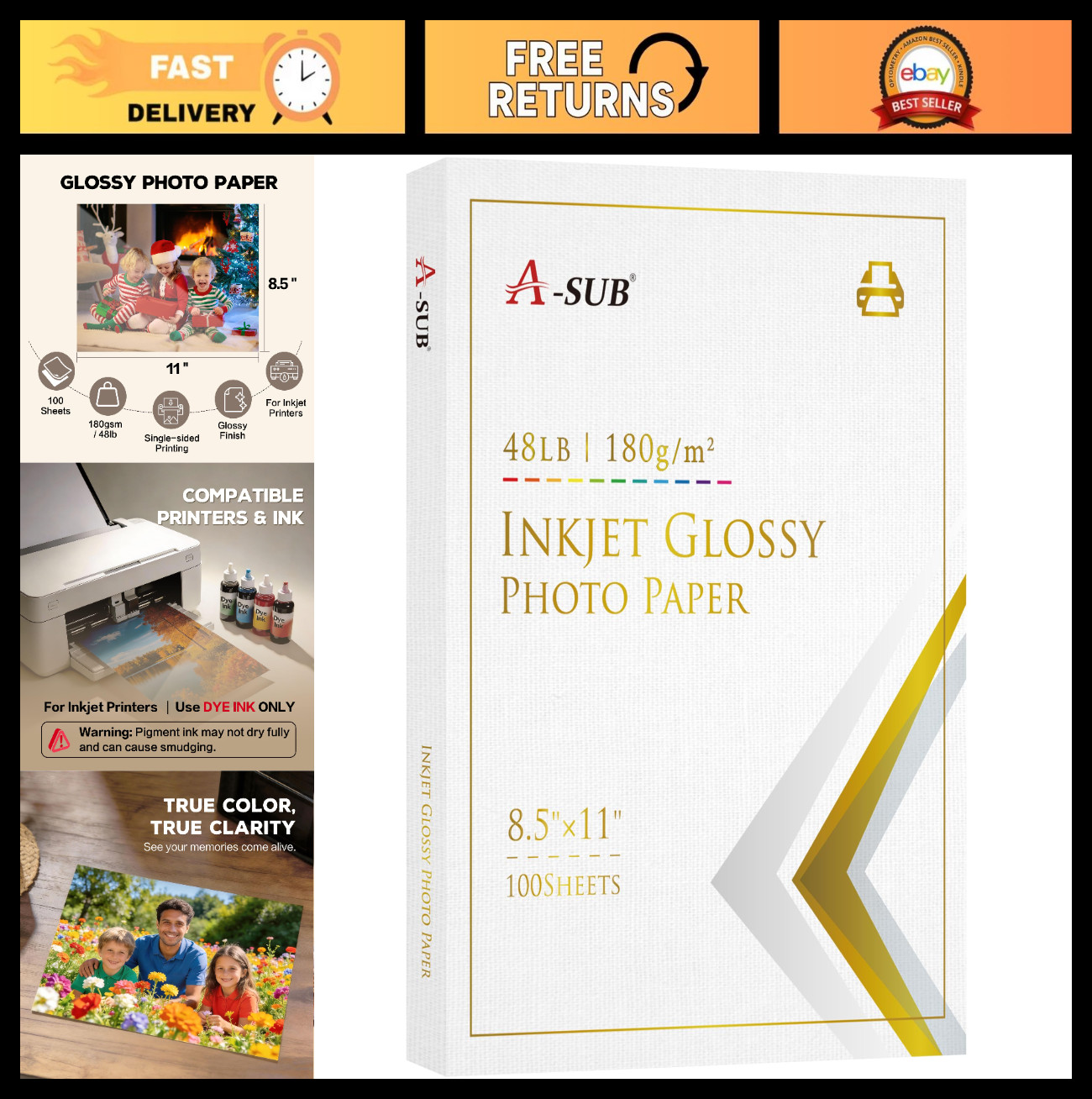 Glossy Photo Paper 8.5x11" - 100 Sheets, Warm White, 48lb, Vivid Colors for DIY