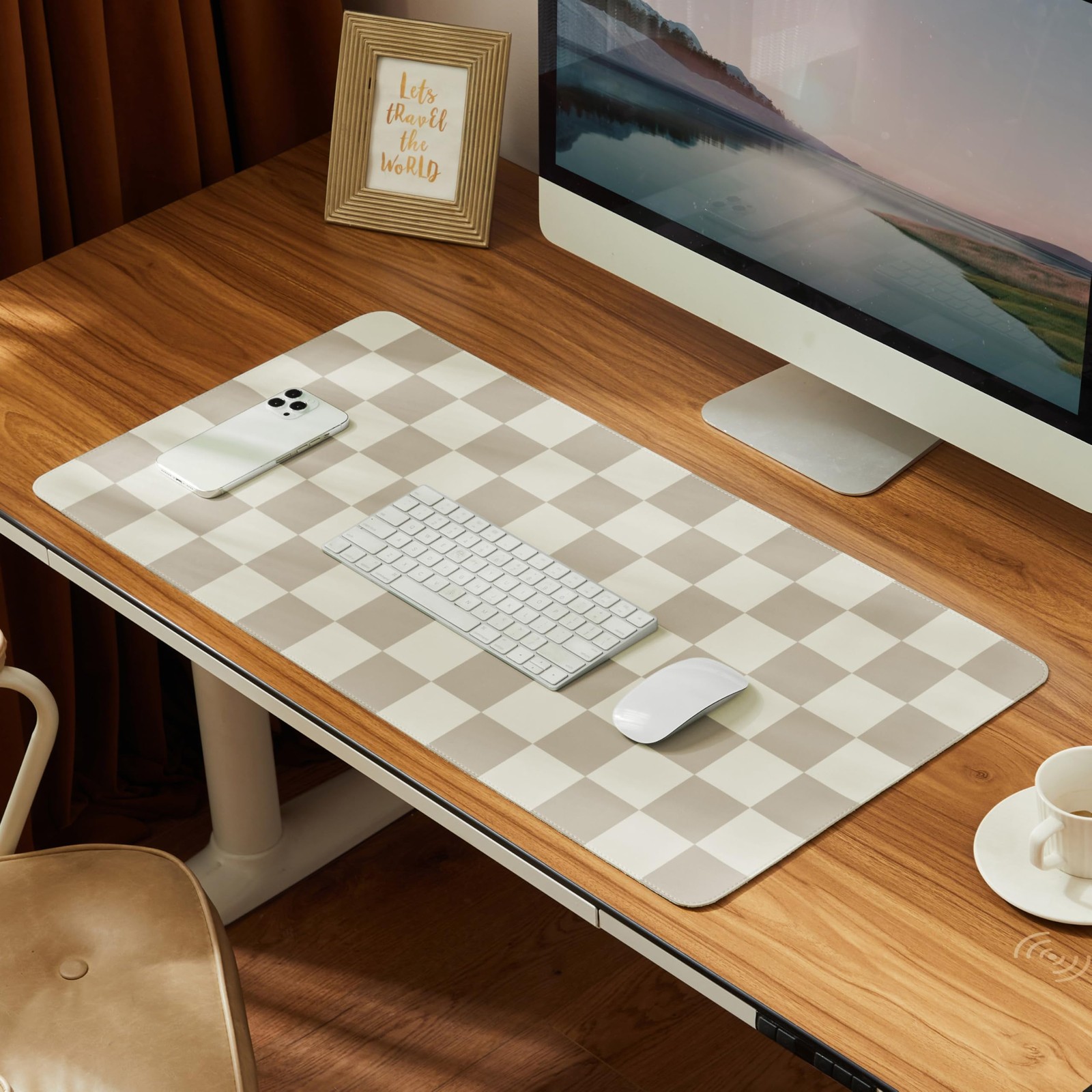 Checkered Desk Mat, 31.5" x 15.7" Large Cute Beige Khaki Aesthetic , PU Leath...
