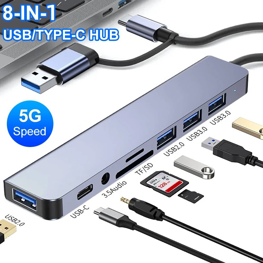 8-in-1 USB Type-C USB3.0+2.0+TF+SD+3.5 Headphone Port+USB-C Data Expansion Dock