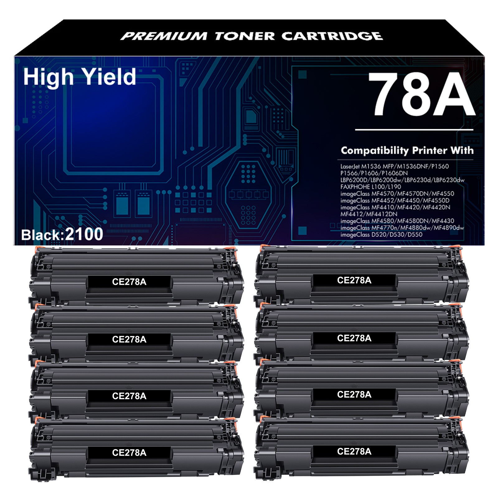 8x Black CE278A Laser Toner for HP 78A LaserJet Pro P1560 P1566 P1600dn P1606