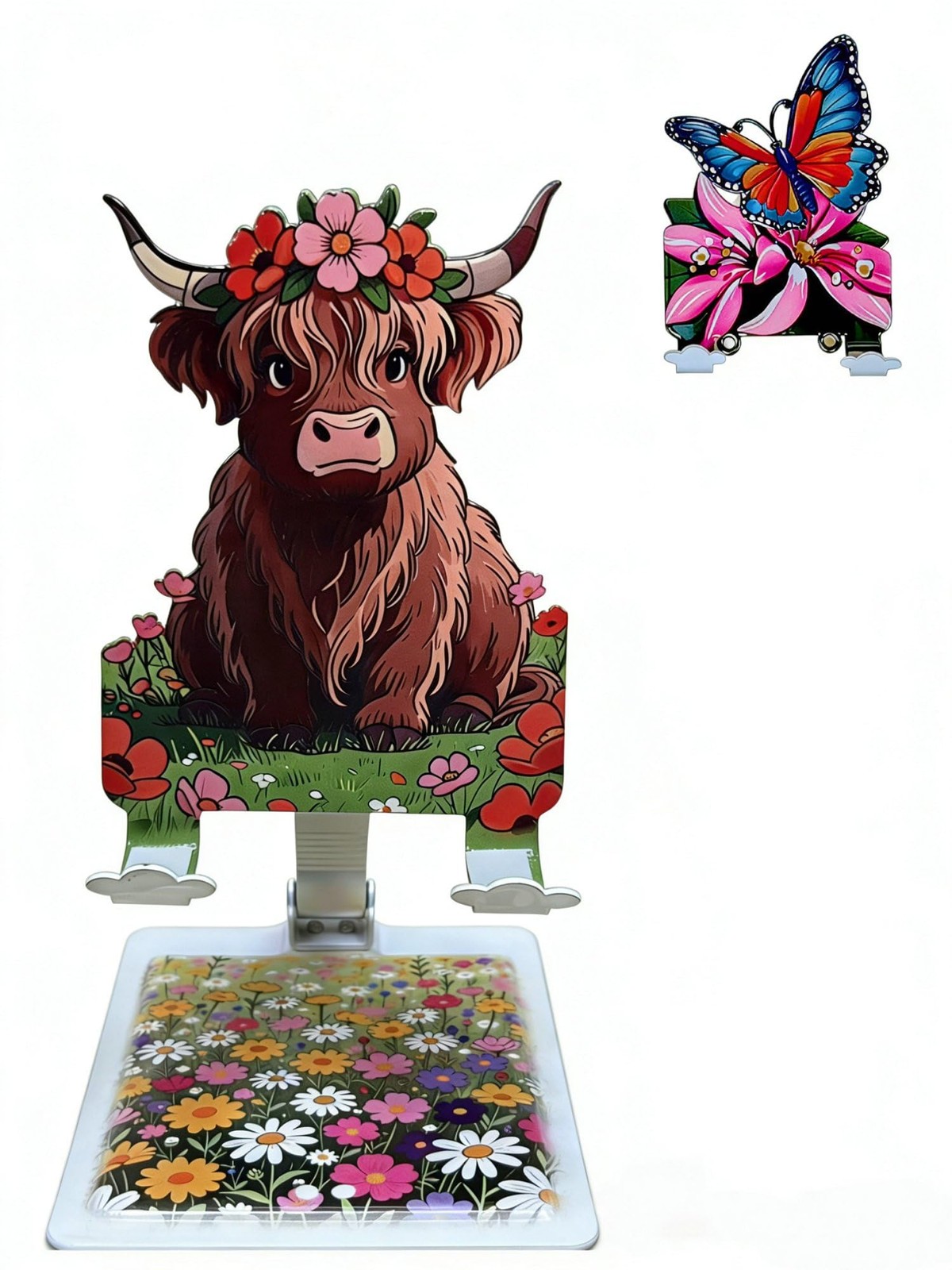 Adorable Highland Cow Flower Crown Metal Phone Stand & Butterfly Hanging Hook...