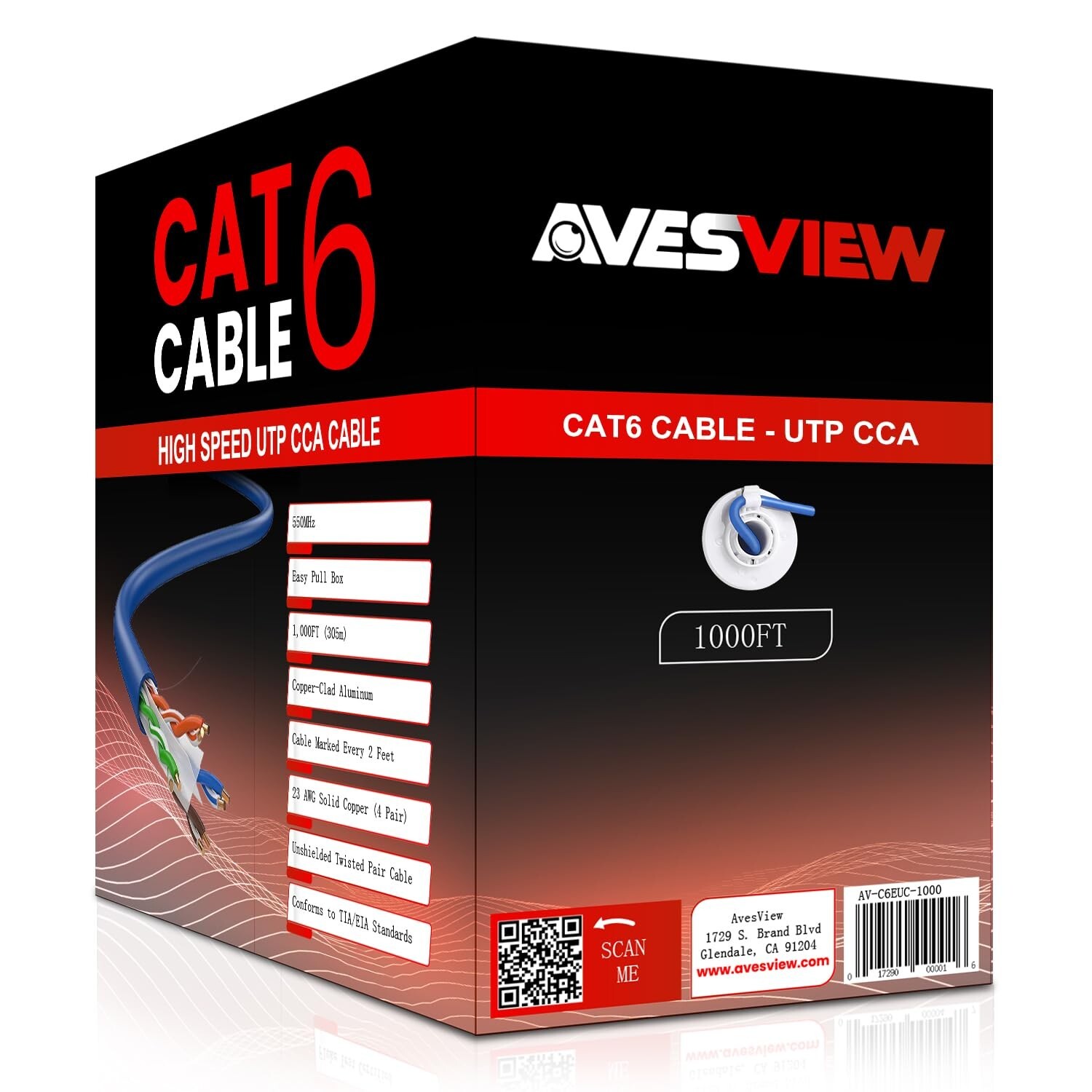 AvesView CAT6 Indoor 1000ft Ethernet Cable UTP (CCA)  23AWG 550MHz - Blue