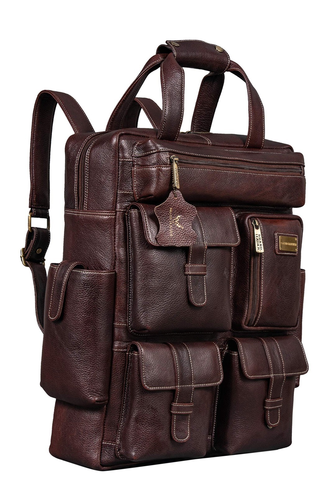 Leather Full Grain Backpack Laptop Bag Multi Pockets Travel Daypack (Brown)