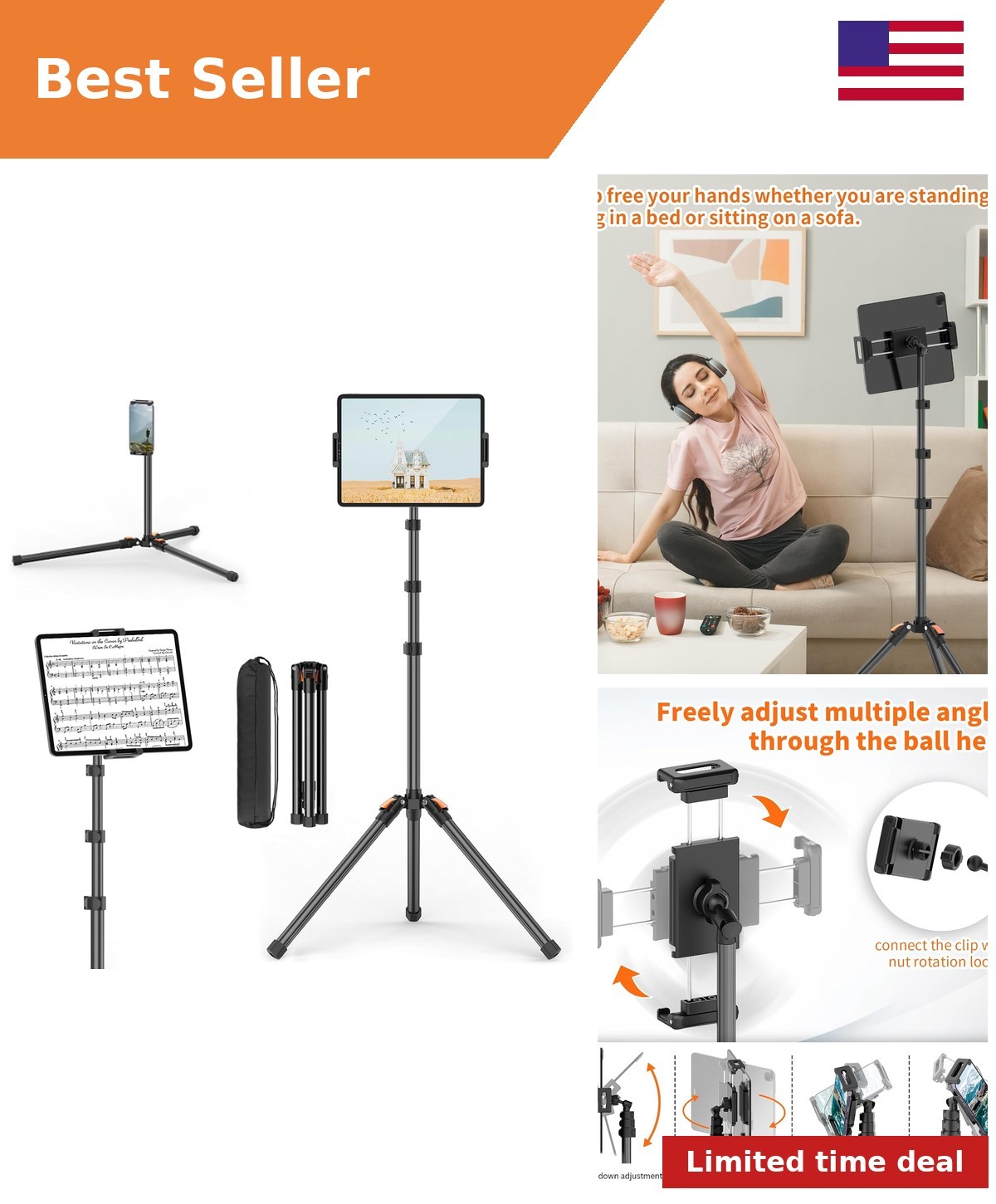 72in Tablet Floor Stand Tripod, Aluminum Tablet Stand Holder for iPad
