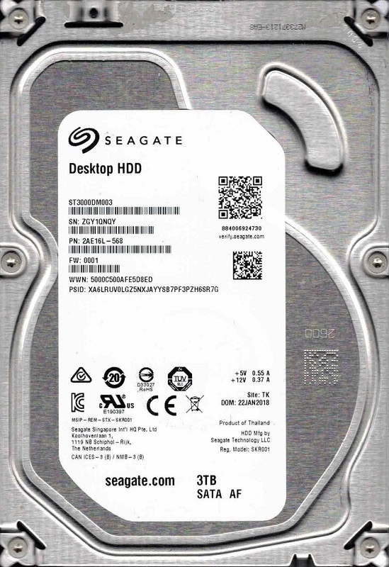 ST3000DM003 P/N: 2AE16L-568 F/W: 0001 TK ZGY1 JAN 2018 Seagate 3TB